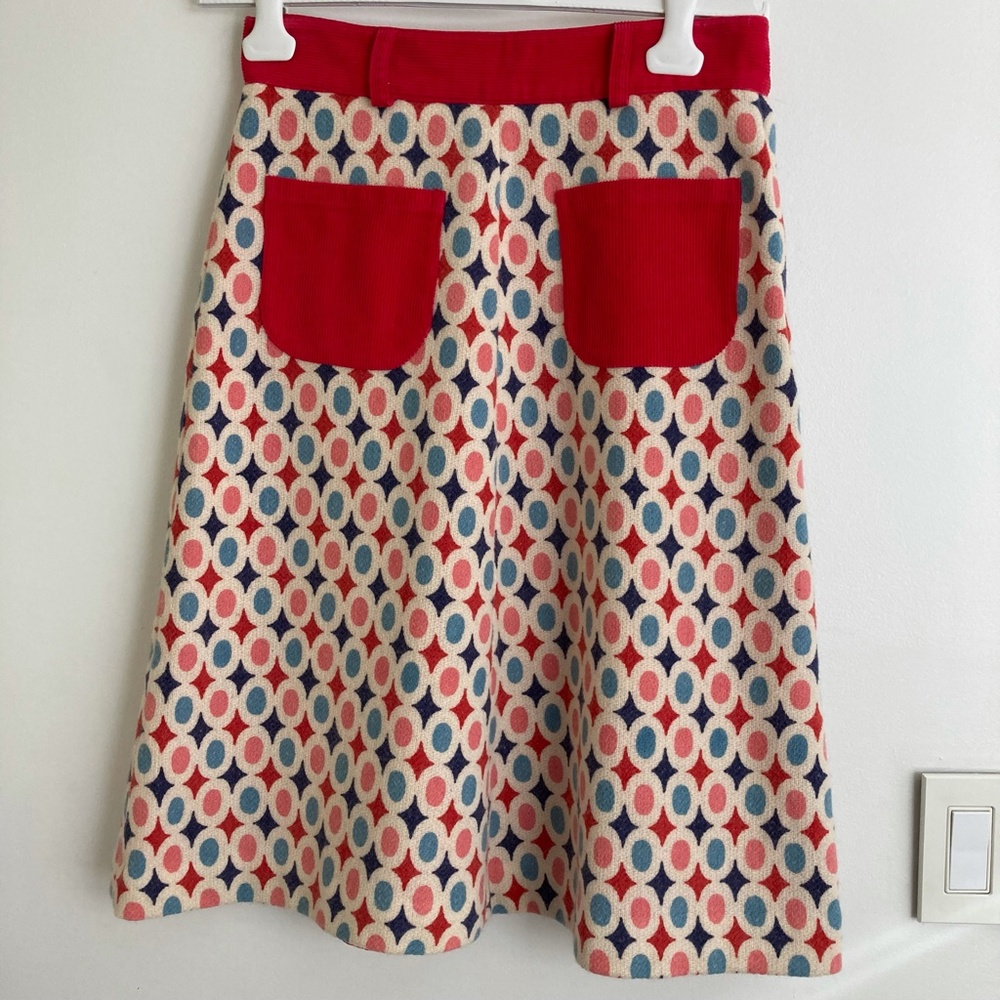 Eley Kishimoto skirt, blue/pink/red/off-white wool with red corduroy band, size